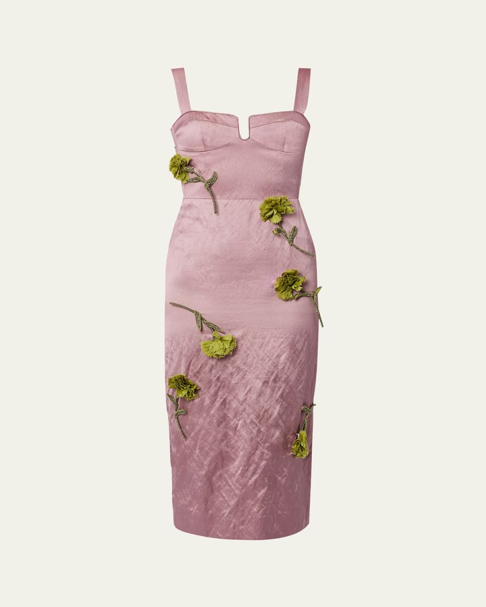 Floral Applique Bustier Cocktail Midi Dress